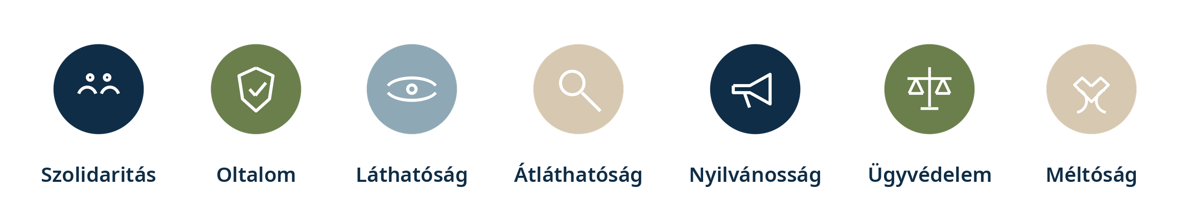 Szolidaritás, Oltalom, Láthatóság, Átláthatóság, Nyilvánosság, Ügyvédelem, Méltóság ikonok